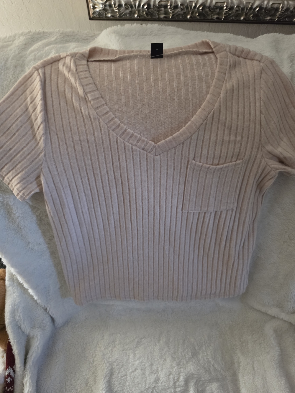 Soft V-Neck Ribbed Short-Sleeve Top - Beige